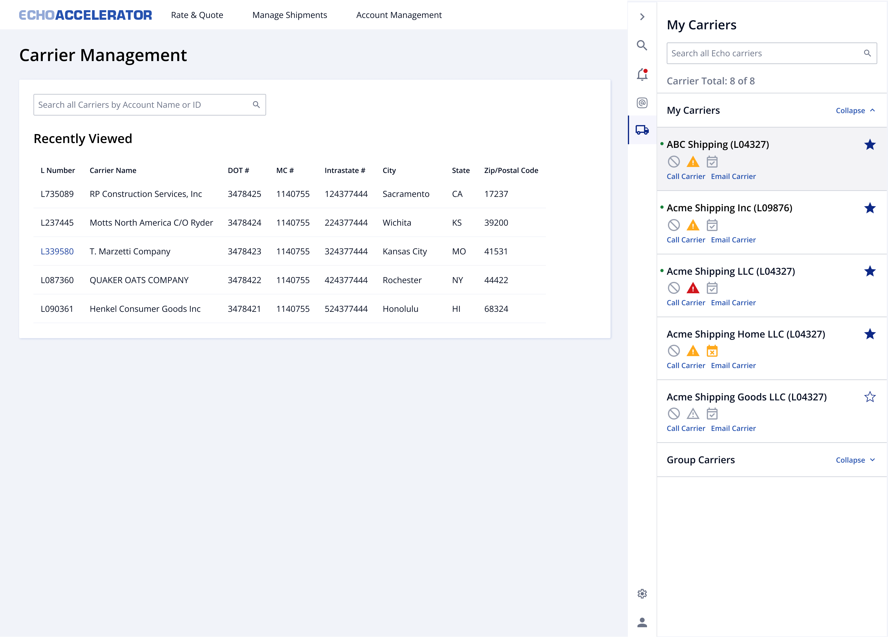 Manager and Director view with collapsible Group Carriers section